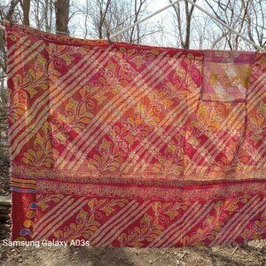 Kantha Quilt Red Green Marigold 52" x 90" 2 Layer Thin Cotton Handmade K150.
